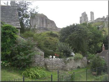 Corfe Castle above the cottages of the village