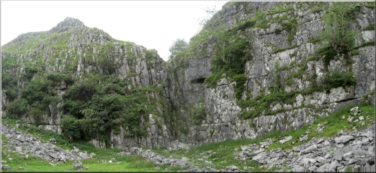 A cliff (a step) in the gorge leading down to the top of Malham Cove. There would have been a huge waterfall over this 'V' in the rocks when the glacial melt water was flowing at the end of the ice age