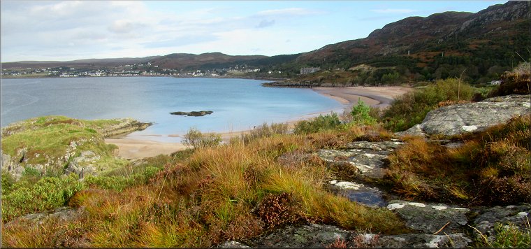 Looking across the bay to Gairloch from the headland between the beach and the harbour